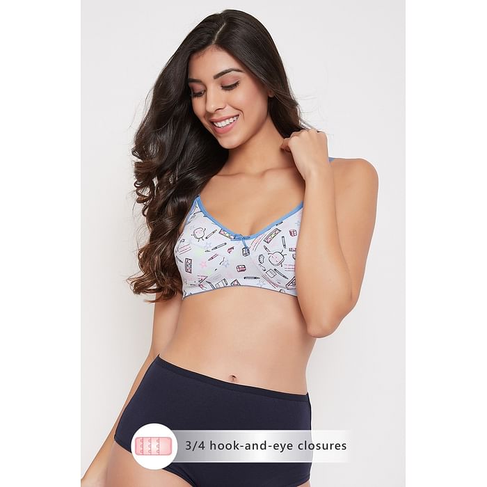 

Clovia Non-Padded Non-Wired Full Cup Stationery Print Bra in White - Cotton - BR0227J03, Light blue