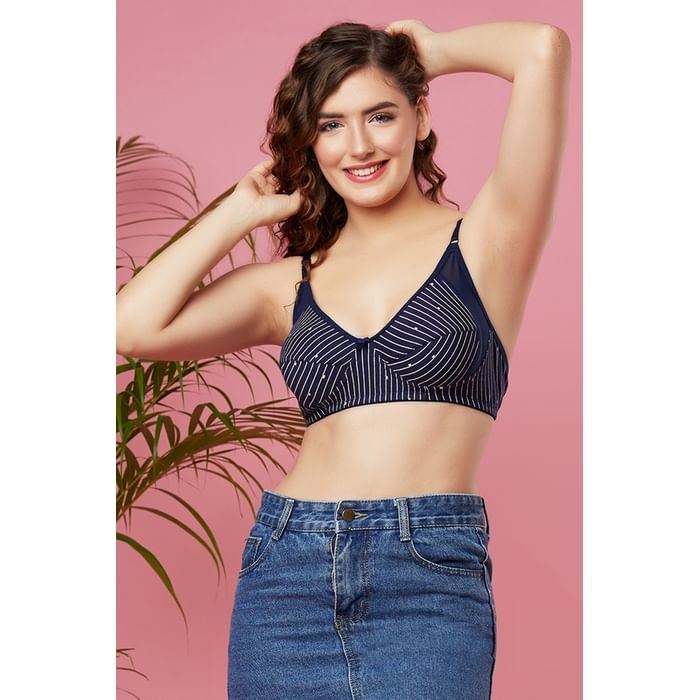

Clovia Non-Padded Non-Wired Full Cup Striped Bra in Indigo Blue - 100% Cotton - BR1780C08, Navy