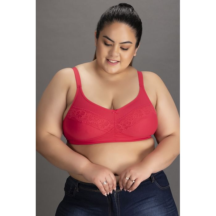 

Clovia Non-Padded Non-Wired Full Figure Bra in Dark Pink - Cotton & Lace - BR2132P14