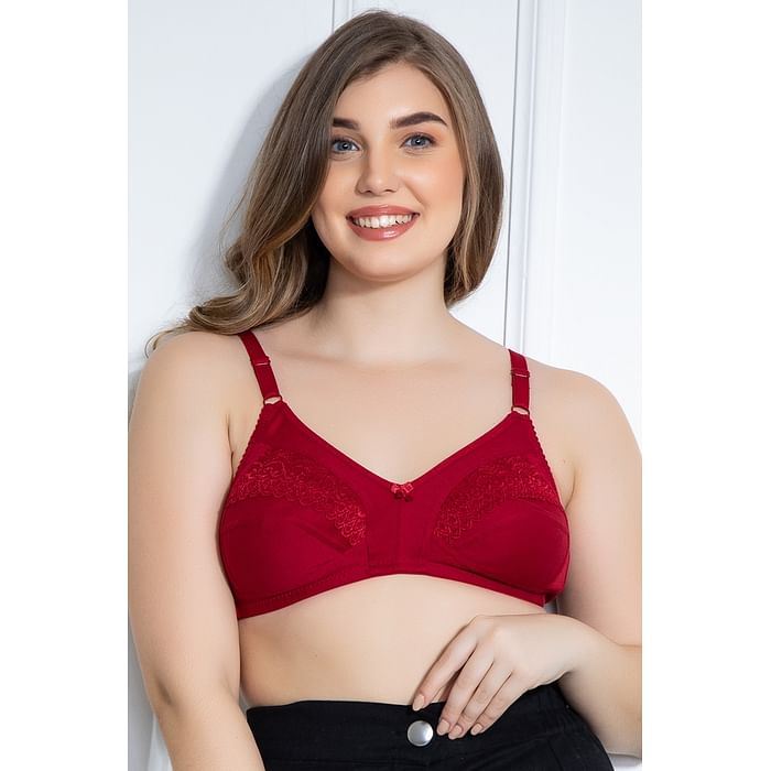 

Clovia Non-Padded Non-Wired Full Figure Bra in Maroon - Cotton & Lace - BR2151P09