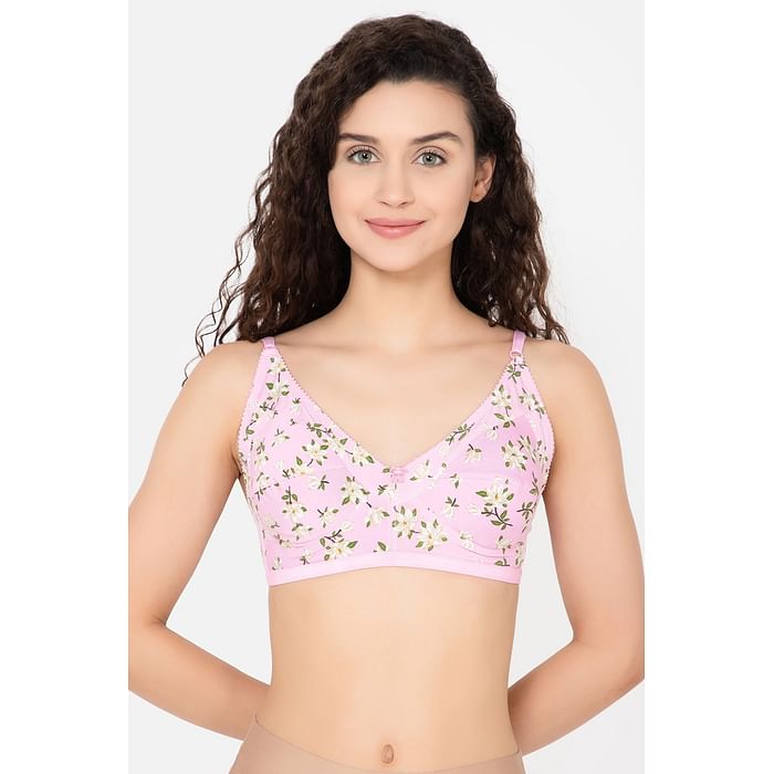 

Clovia Non-Padded Non-Wired Full Figure Floral Print M-Frame Bra in Baby Pink - Cotton Rich - BR0185C22, Light pink