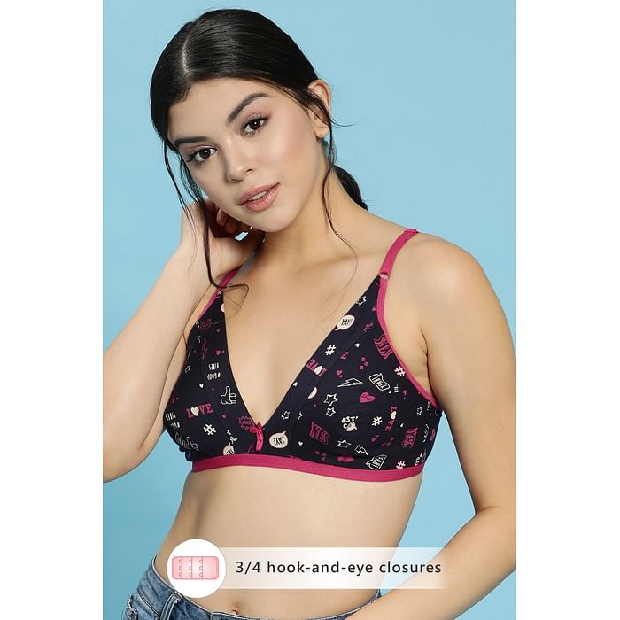 

Clovia Non-Padded Non-Wired Printed Plunge Bra in Dark Blue- Cotton Rich - BR1595C08, Navy