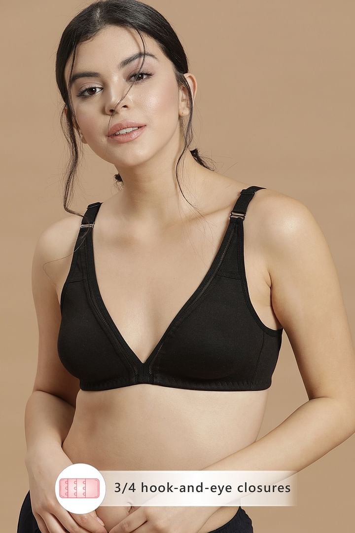 Buy Solid Non-Wired Cotton Bra with Hook and Eye Closure