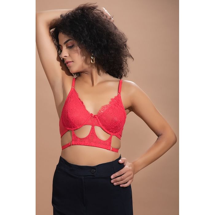 

Clovia Non-Padded Underwired Demi Cup Longline Bralette in Red - Lace - BR2355P04