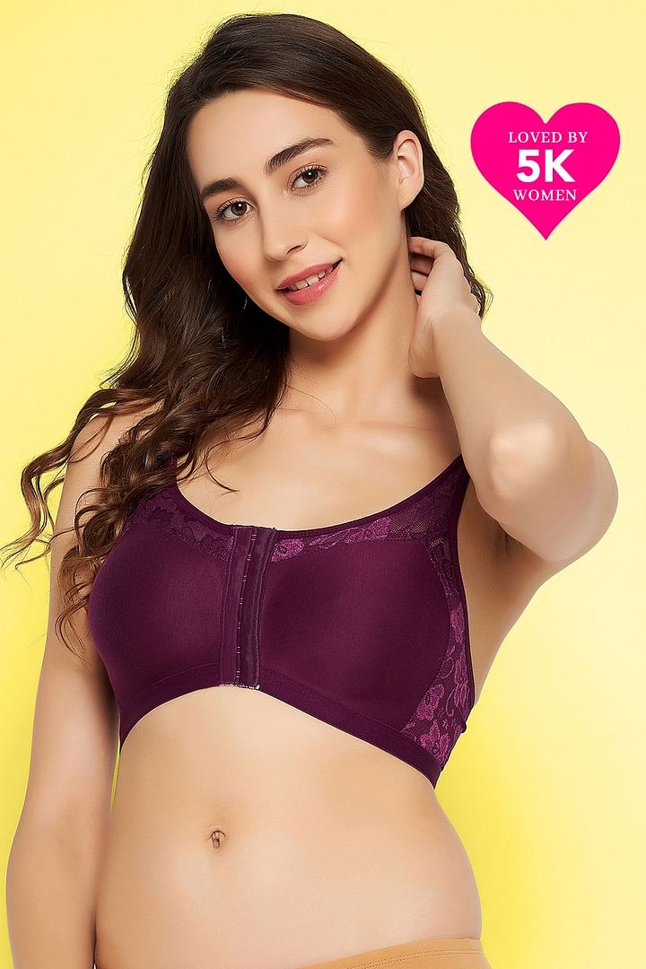 Buy Clovia Non-Wired Lightly Padded Spacer Cup Front Open Full Figure Bra  In Wine Colour-Cotton Online