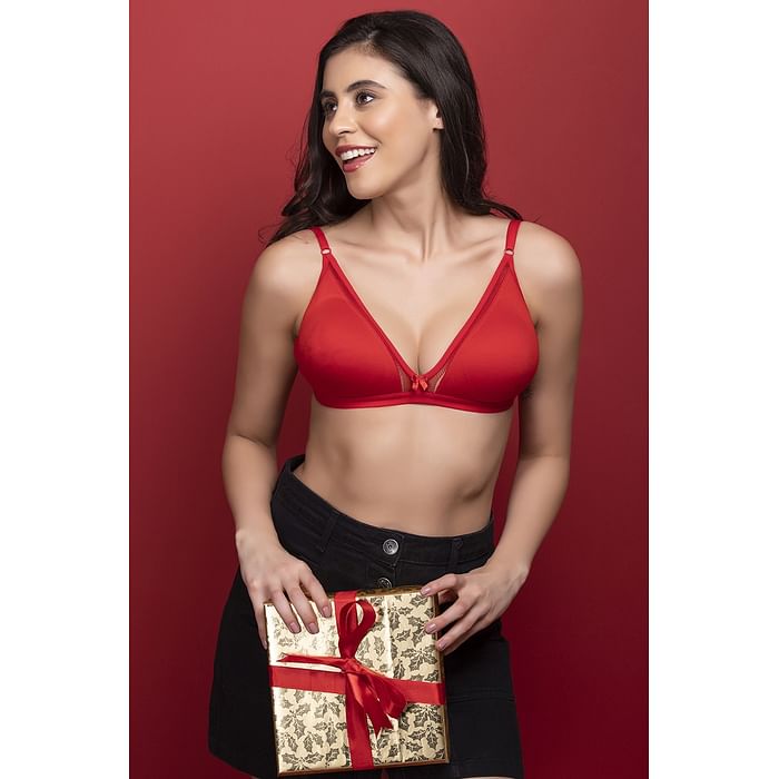 

Clovia Non-Padded Non-Wired Demi Coverage Spacer Cup Plunge Bra in Red - Cotton Rich - BR1996A04