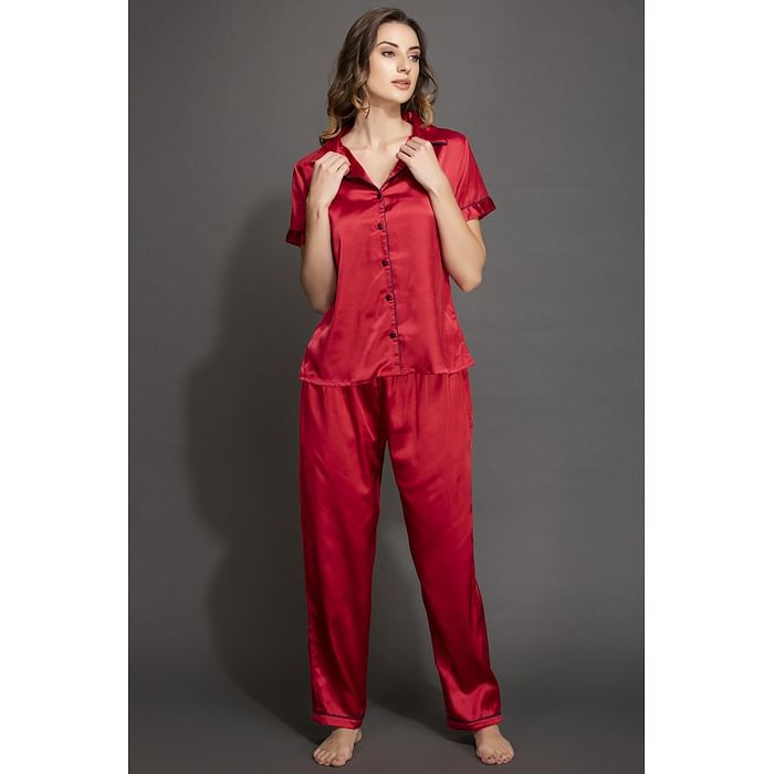 

Clovia Satin Button Down Shirt & Pyjama - NS0597P14, Pink