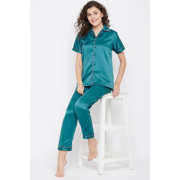 

Clovia Button Me Up Shirt & Pyjama Set in Teal Green- Satin - NS0597P36
