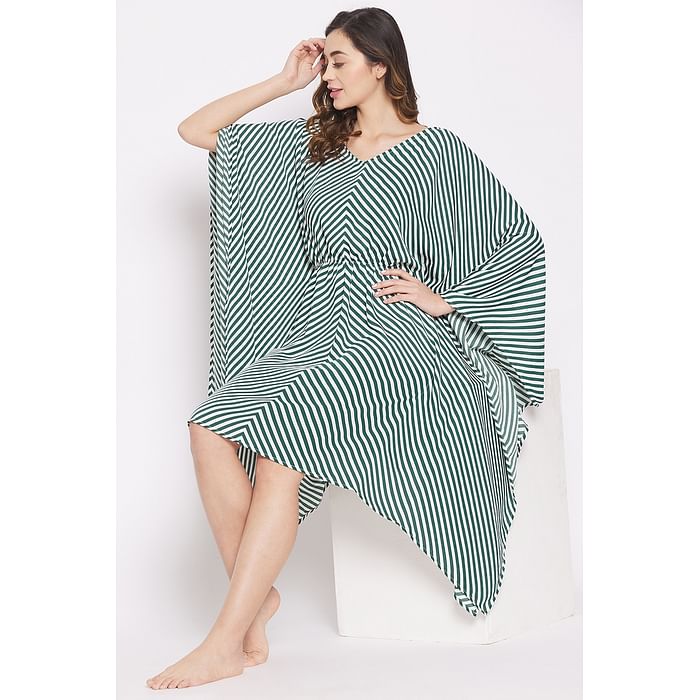 

Clovia Sassy Stripes Short Kaftan in Dark Green - Crepe - NS0836P17