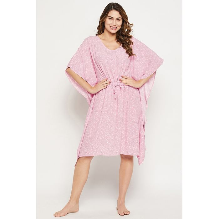 

Clovia Print Me Pretty Short Kaftan in Baby Pink - Crepe - NS0836P22, Light pink