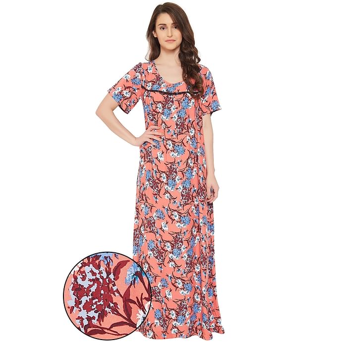 

Clovia Floral Print Maternity Night Dress - Cotton - NS0854R16, Orange