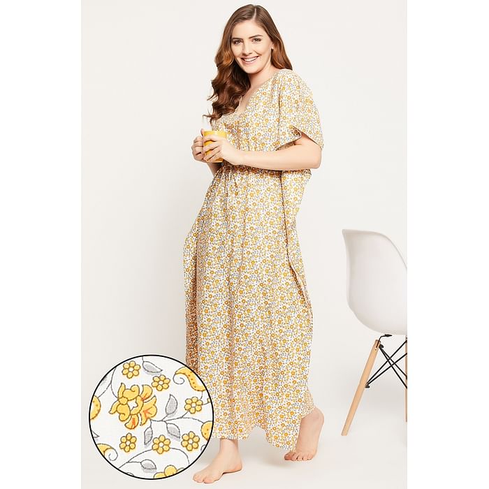 

Clovia Print Me Pretty Long Kaftan in Light Yellow - 100% Cotton - NS0865D02