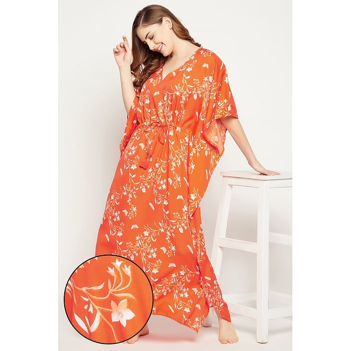 

Clovia Pretty Florals Long Kaftan in Orange - Crepe - NS0865D16