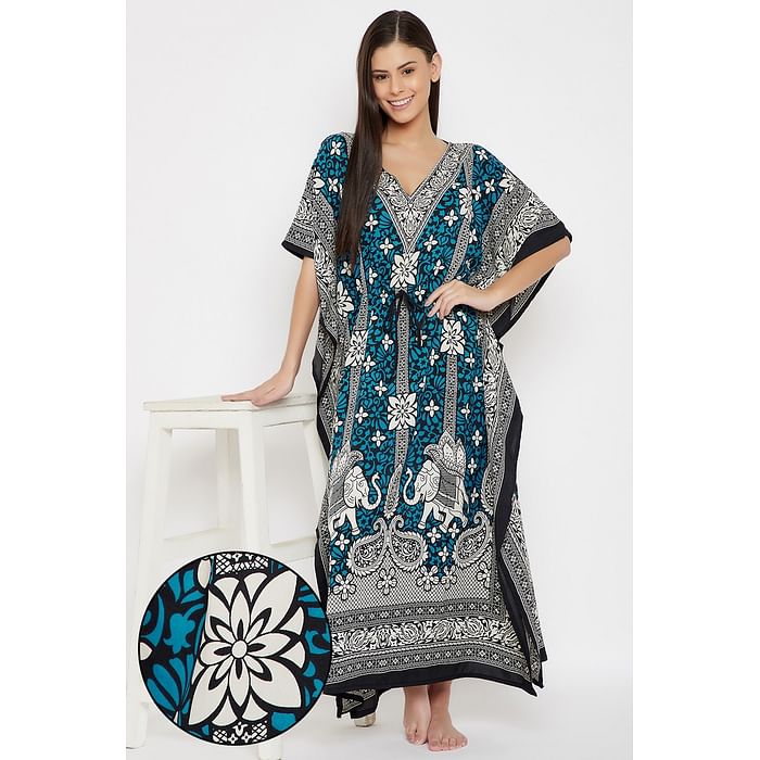 

Clovia Print Me Pretty Long Kaftan in Blue - Crepe - NS0865F08, Navy