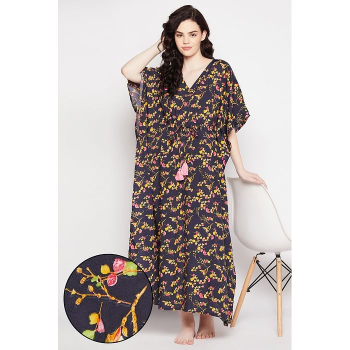 

Clovia Pretty Florals Long Kaftan in Navy - Crepe - NS0865H08