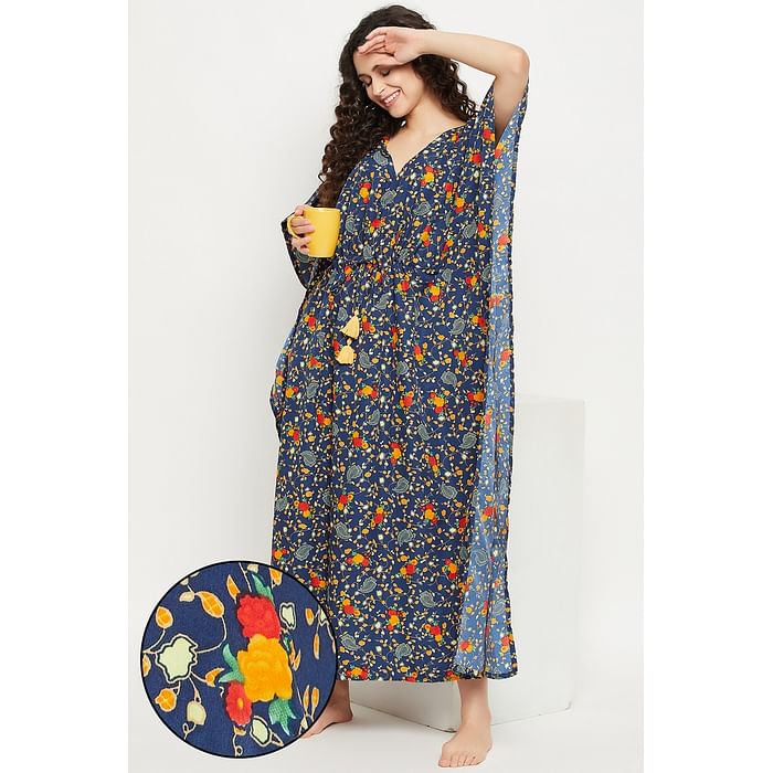 

Clovia Pretty Florals Long Kaftan in Navy - Crepe - NS0865I08