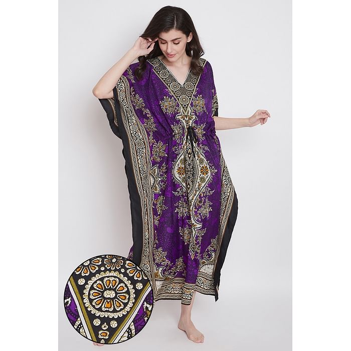 

Clovia Print Me Pretty Long Kaftan in Dark Purple - Crepe - NS0865P15