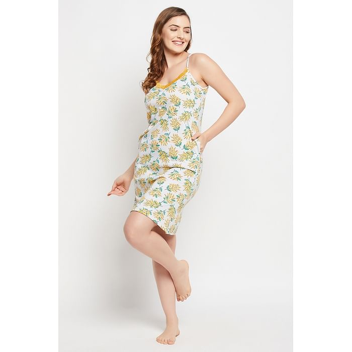 

Clovia Pretty Florals Short Nightdress in Yellow - 100% Cotton - NS1088P02, Light yellow