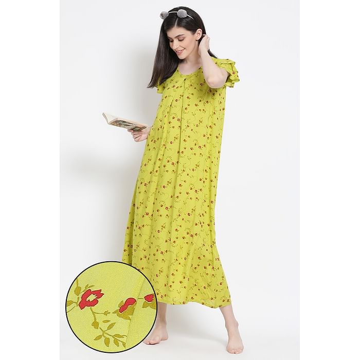 

Clovia Pretty Florals Long Night Dress in Lime Green - Rayon - NS1096A11, Light green