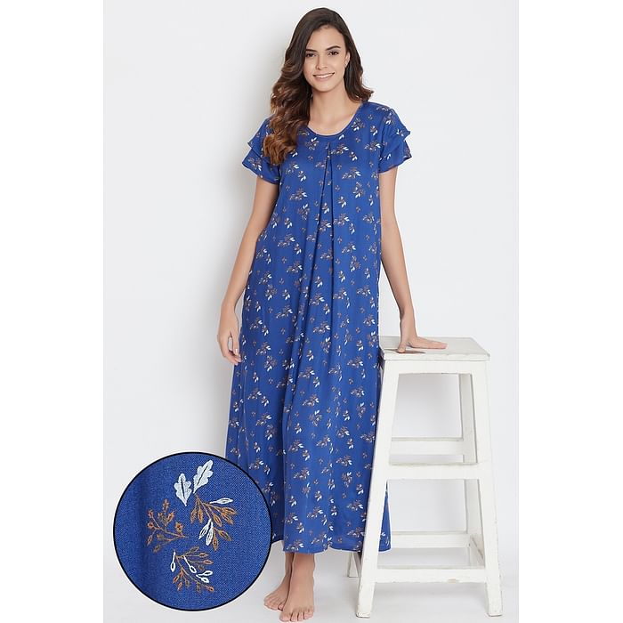 

Clovia leaf Print Long Nighty in Royal Blue - Cotton Rich - NS1096F08, Navy