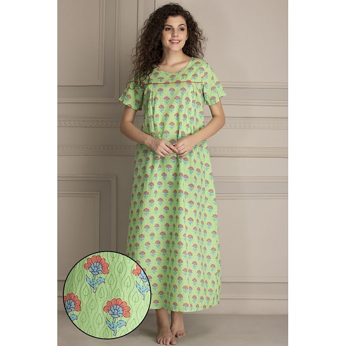 

Clovia Pretty Florals Feeding Long Night Dress in Light Green- 100% Cotton - NS1111A11