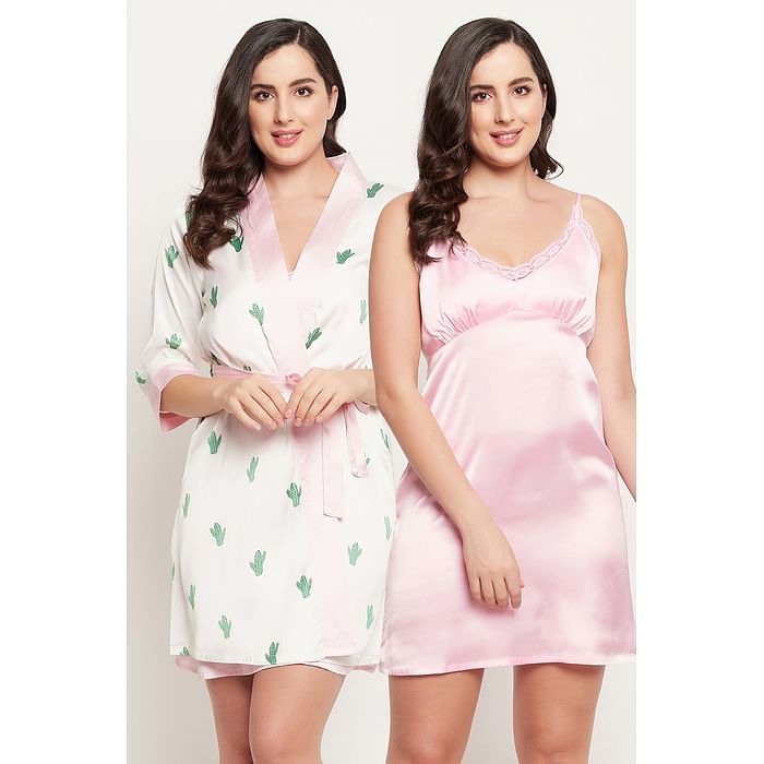 

Clovia Chic Basic Short Nighty & Cactus Print Robe Set in White - Satin - NS1145R18