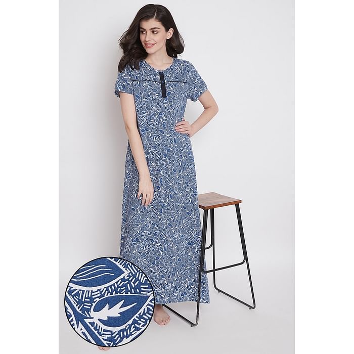 

Clovia Print Me Pretty Long Night Dress in Navy- Cotton Rich - NS1162A08