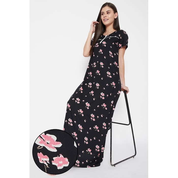 

Clovia Floral Print Long Night Dress in Black - Cotton Rich - NS1162A13