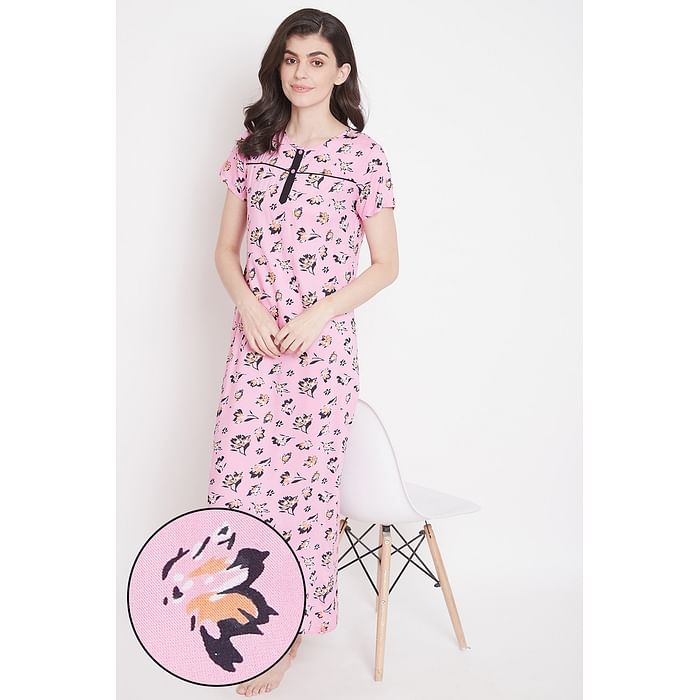 

Clovia Pretty Florals Long Nighy in Baby Pink- Cotton Rich - NS1162A22, Light pink