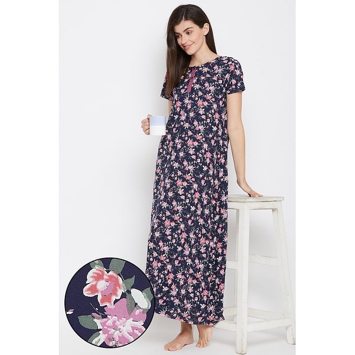 

Clovia Pretty Florals Long Night Dress in Navy - Rayon - NS1162D08