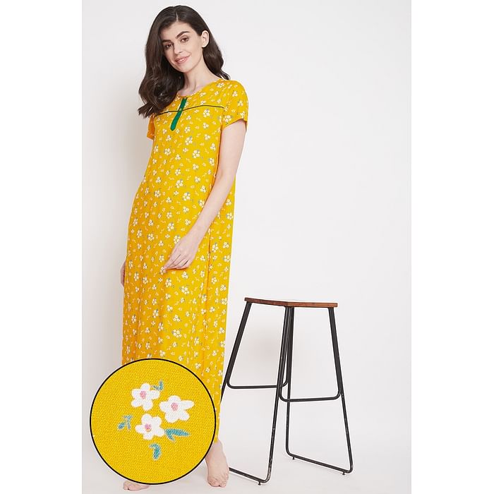 

Clovia Pretty Florals Long Nighty in Yellow - Cotton Rich - NS1162P07, Mustard
