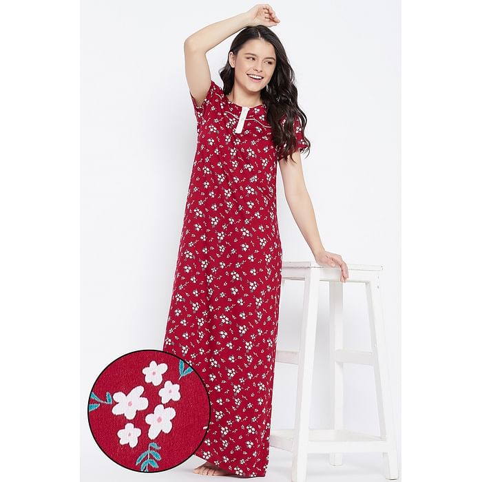 

Clovia Pretty Florals Long Nighty in Maroon - Rayon - NS1162P09