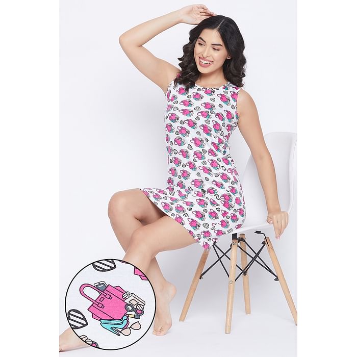 

Clovia Print Me Pretty Short Night Dress in White - 100% Cotton - NS1169E18
