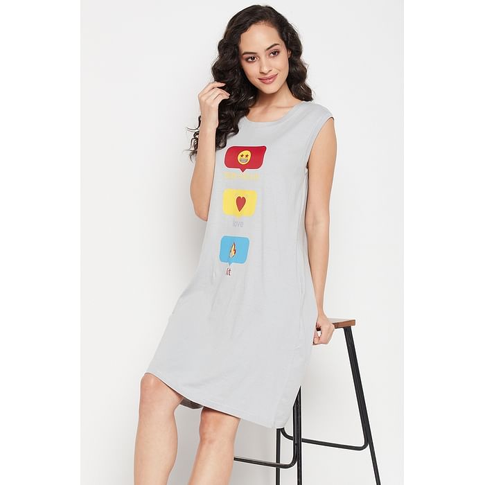 

Clovia Graphic Emoji Print Short Night Dress in Light Grey - 100% Cotton - NS1169P01