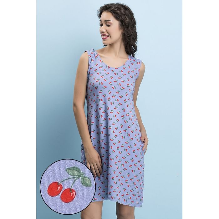 

Clovia Cotton Rich Cherry Print Short Night Dress In Blue - NS1169P12, Lavender