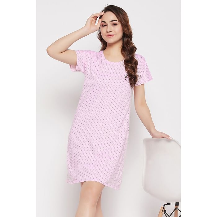

Clovia Print Me Pretty Short Night Dress in Baby Pink - 100% Cotton - NS1197D22, Light pink