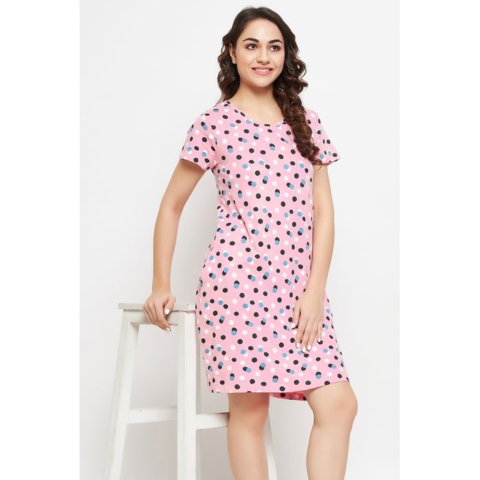 

Clovia Dot Print Short Night Dress in Baby Pink - 100% Cotton - NS1197E22