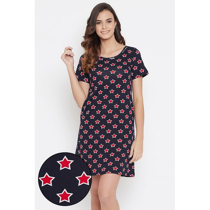 

Clovia Star Print Short Nightdress in Navy - 100% Cotton - NS1197P08