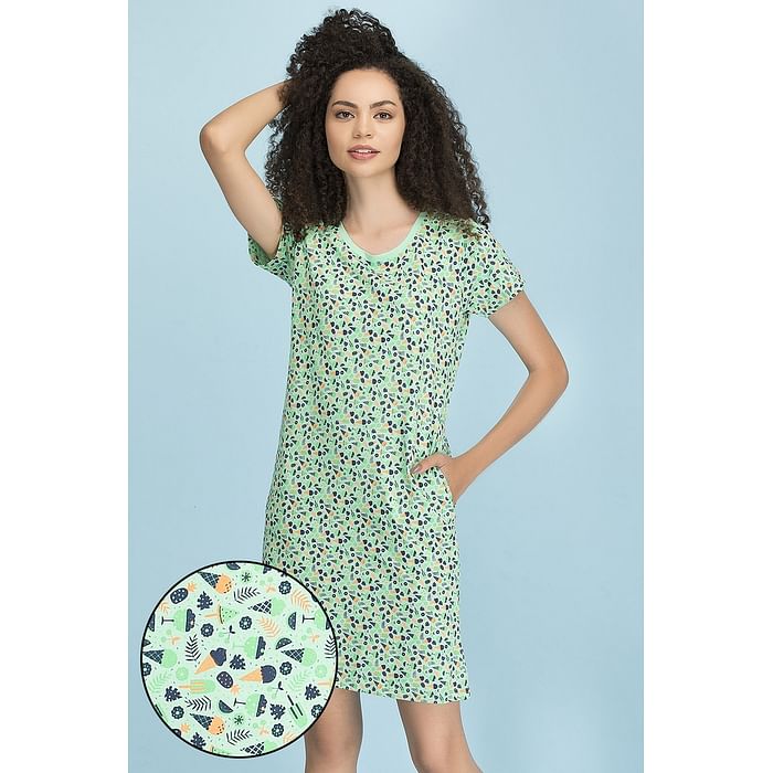 

Clovia Printed Short Night Dress - Cotton - NS1197P11, Light green