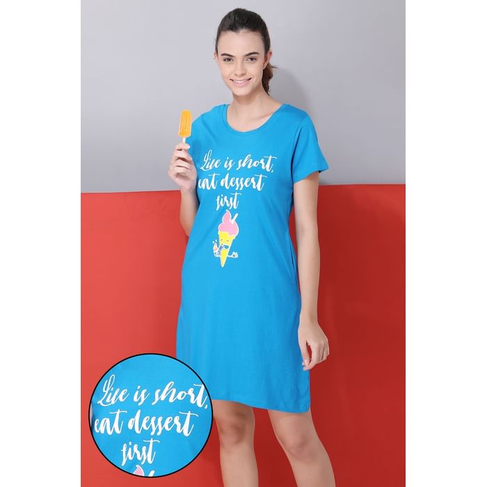 

Clovia Ice Cream Cone & Text Print Short Night Dress in Blue - 100% Cotton - NS1209D08, Navy