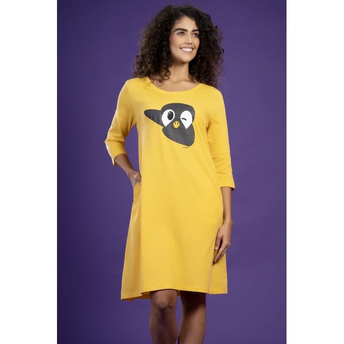 

Clovia Dab Penguin Print Short Night Dress in Yellow - 100% Cotton - NS1209F02, Light yellow