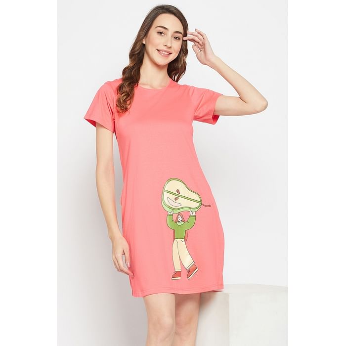 

Clovia Tutti Fruity Short Night Dress in Peach Colour - 100% Cotton - NS1209F34