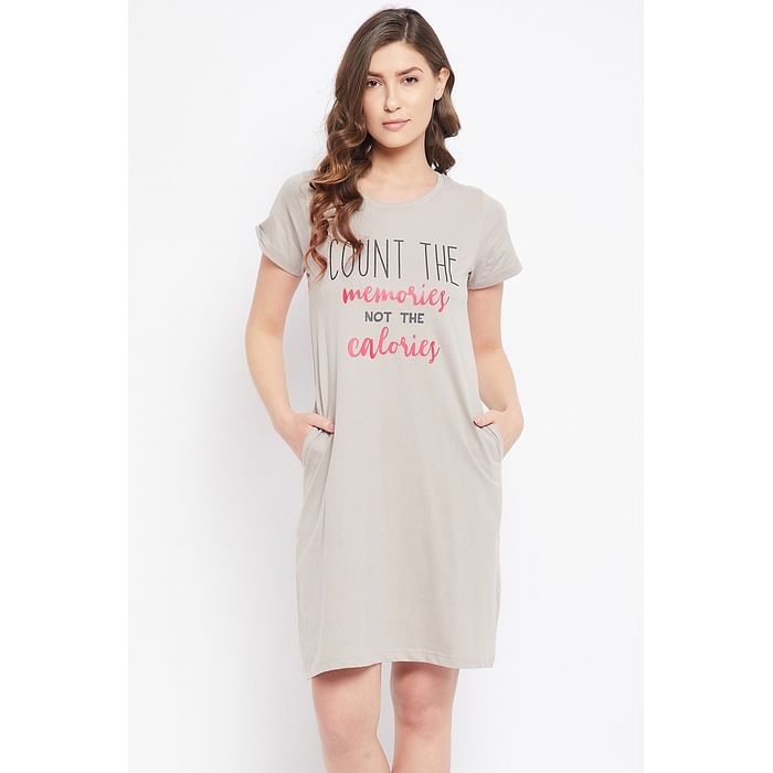 

Clovia Text Print Short Night Dress in Light Grey - 100% Cotton - NS1209G01