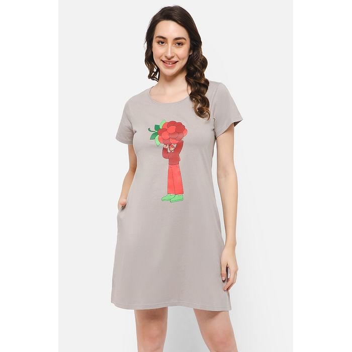 

Clovia Tutti Fruity Short Night Dress in Taupe - 100% Cotton - NS1209H01, Light grey