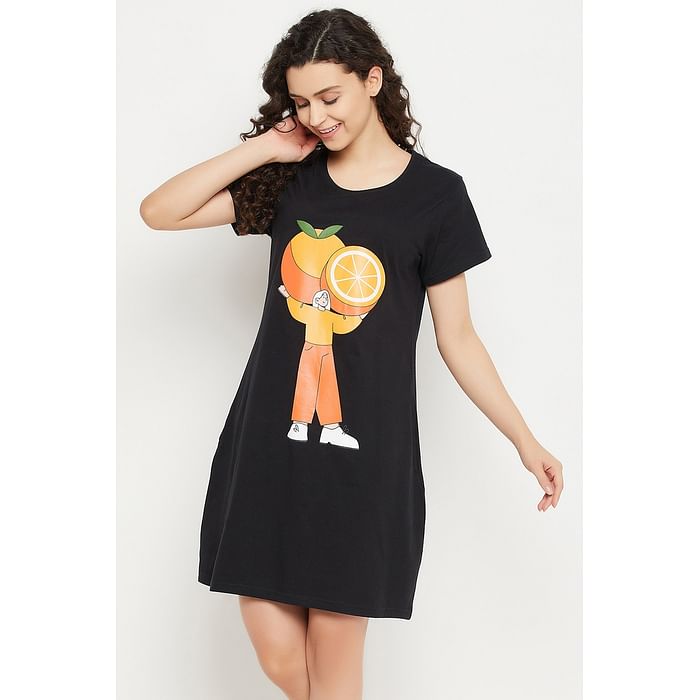 

Clovia Graphic Print Short Night Dress in Black - 100% Cotton - NS1209K13