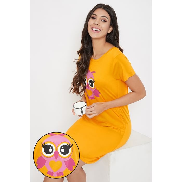 

Clovia Owl Print Sleep Tee in Mustard - 100% Cotton - NS1209P02, Light yellow
