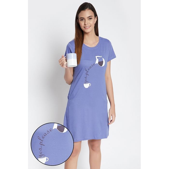 

Clovia Text & Graphics Print Short Night Dress in Blue - 100% Cotton - NS1209P05, Dark grey