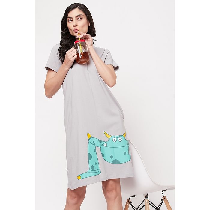 

Clovia Monster Emoji Print Short Night Dress in Grey - 100% Cotton - NS1209Q01, Light grey