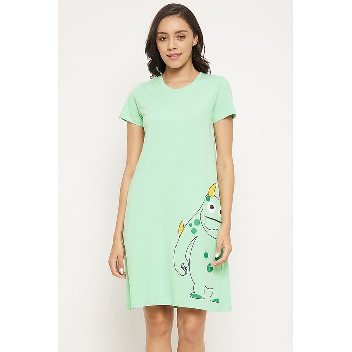 

Clovia Monster Emoji Print Short Nightdress in Mint Green - 100% Cotton - NS1209Q11, Light green