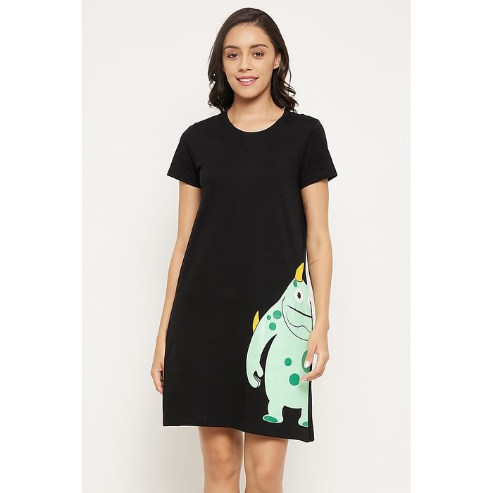 

Clovia Monster Emoji Print Short Night Dress in Black - 100% Cotton - NS1209Q13